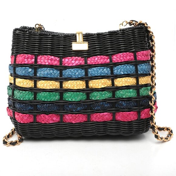 Benchmade Wicker Handbag Purse Woven Straw Chain Strap Black Rainbow Gold Clasp - Picture 3 of 9